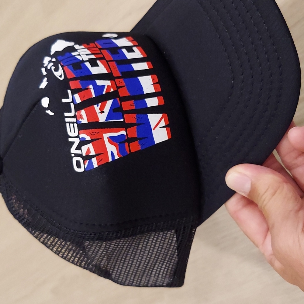 Black "O'Neil" surf cap, adjustable hat. Hawaiian Islands flag design NWOT